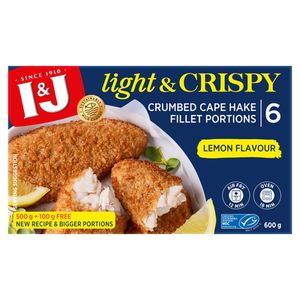 I&J Light & Crispy Lemon Flavour Crumbed Cape Hake Portions 600g